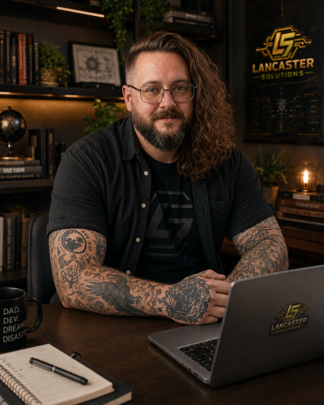Curtis Lancaster at his desk with a laptop in the Lancaster Solutions workspace